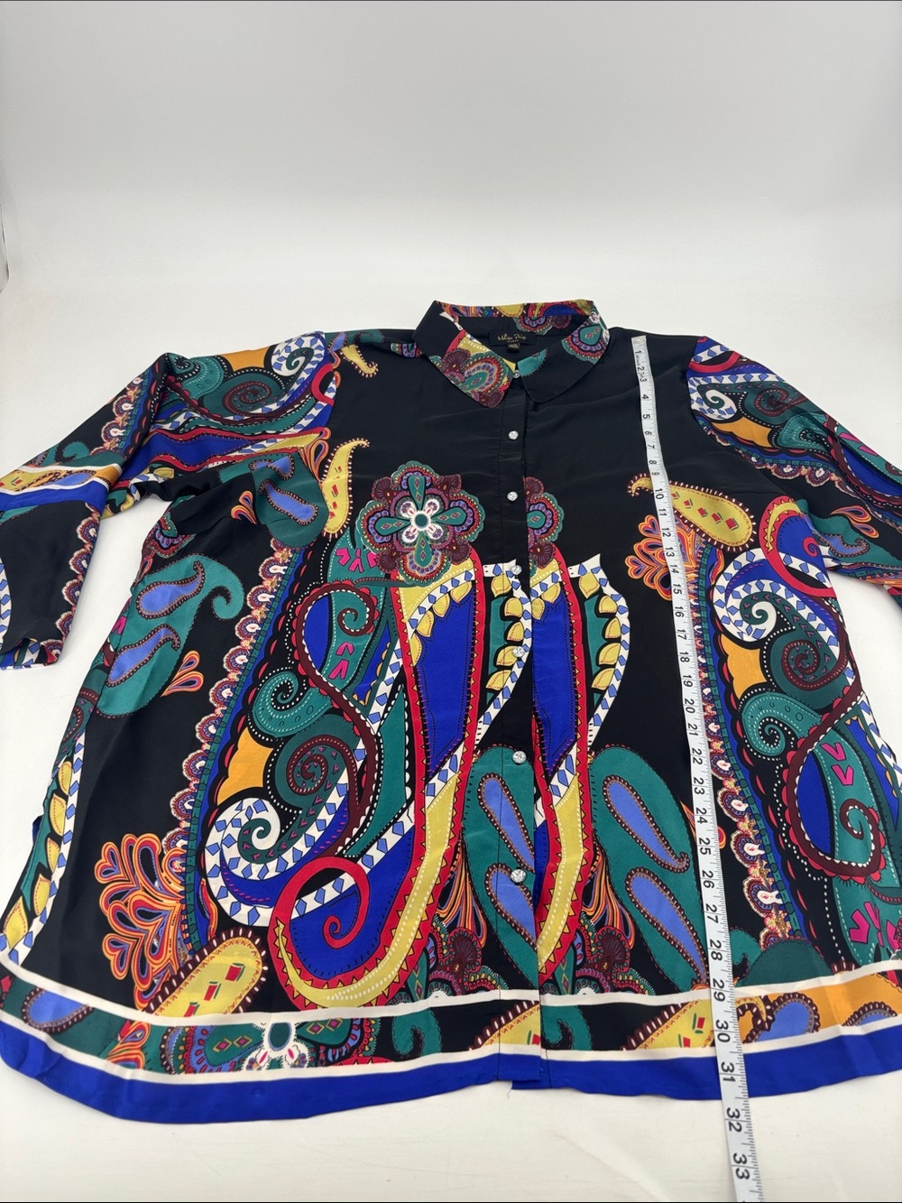 Vintage Y2K Artsy Boho Paisley Abstract Print Satin Rhinestone Tunic Top Size 1X - Picture 12 of 13